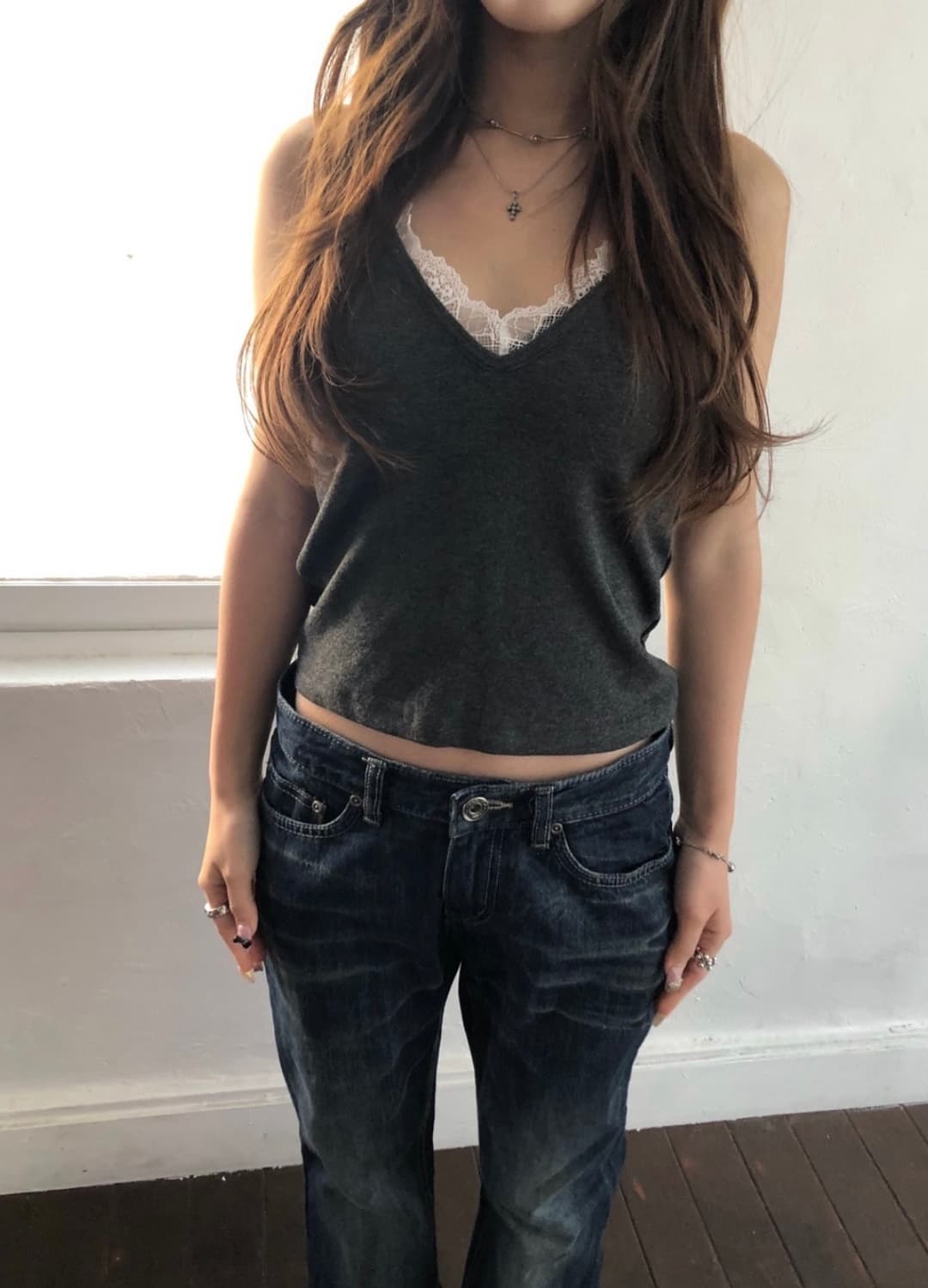 새상품) 슬립오버 레이스 슬리브리스 차콜 슬립오버 나시 상품이미지3