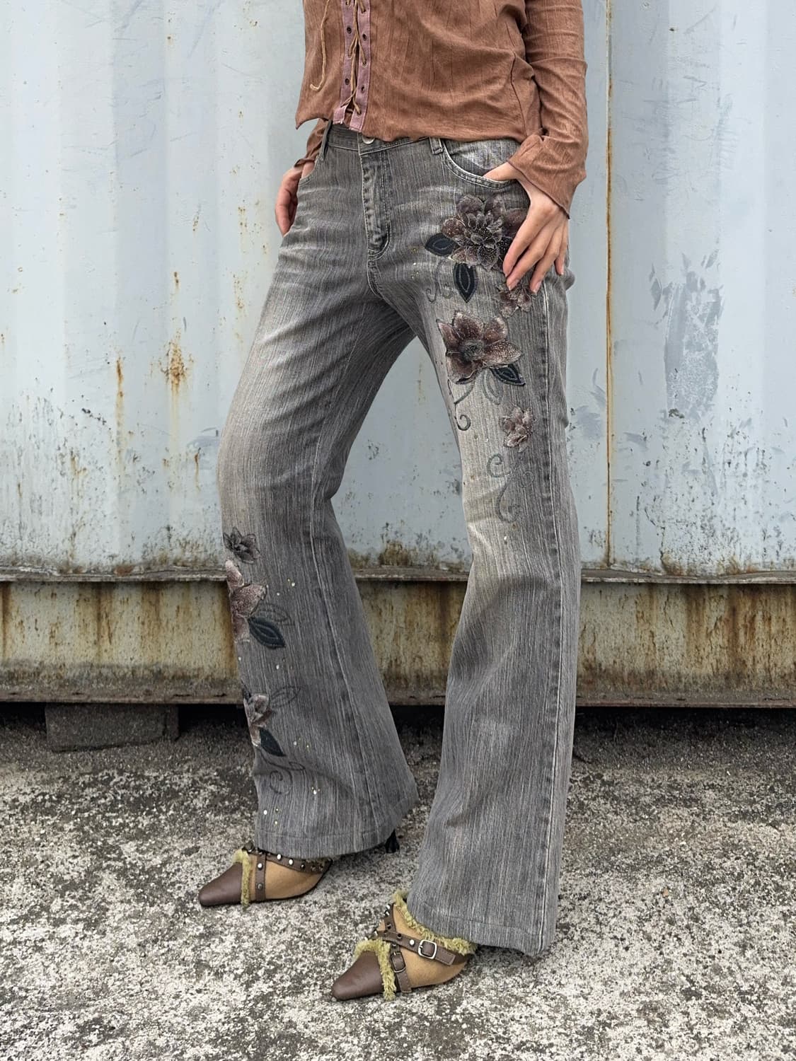 플라워 패턴 워시드 팬츠 상품이미지1