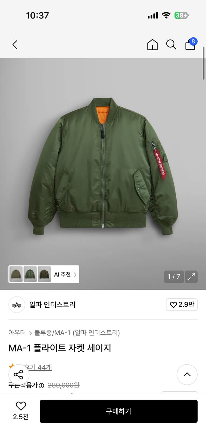 [L] 알파 인더스트리 MA-1 플라이트 자켓 세이지 상품이미지1