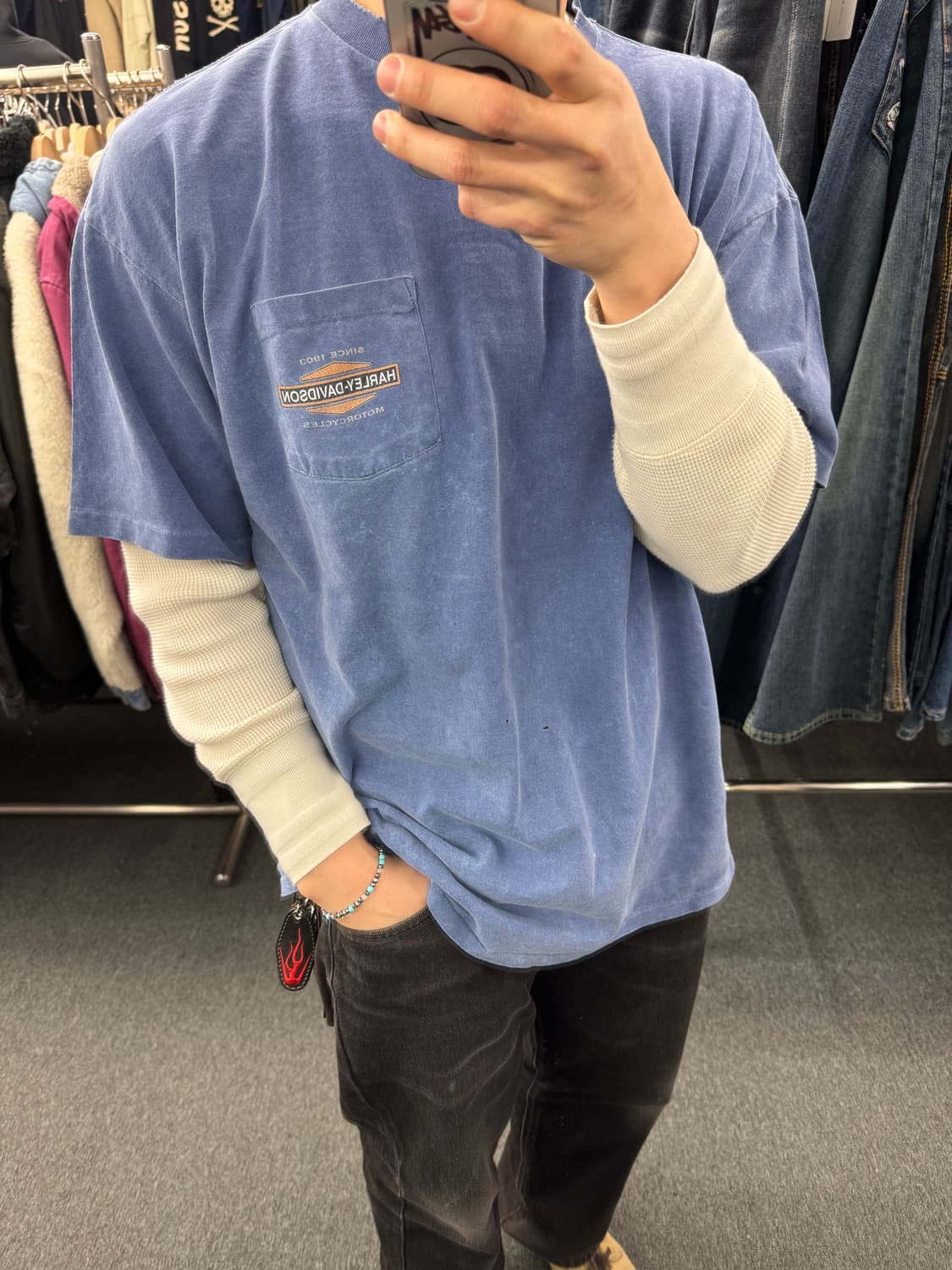 OS)할리데이비슨 빈티지 프린팅 Down Town 포켓 반팔(핀홀) 상품이미지1