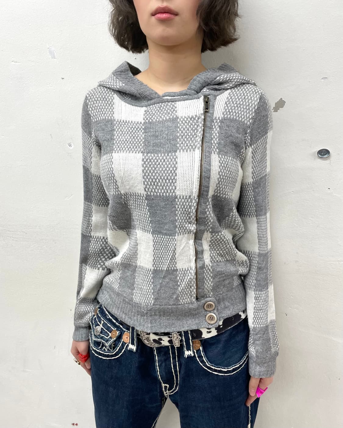 asymmetric gray checkered hooded jacket 상품이미지4