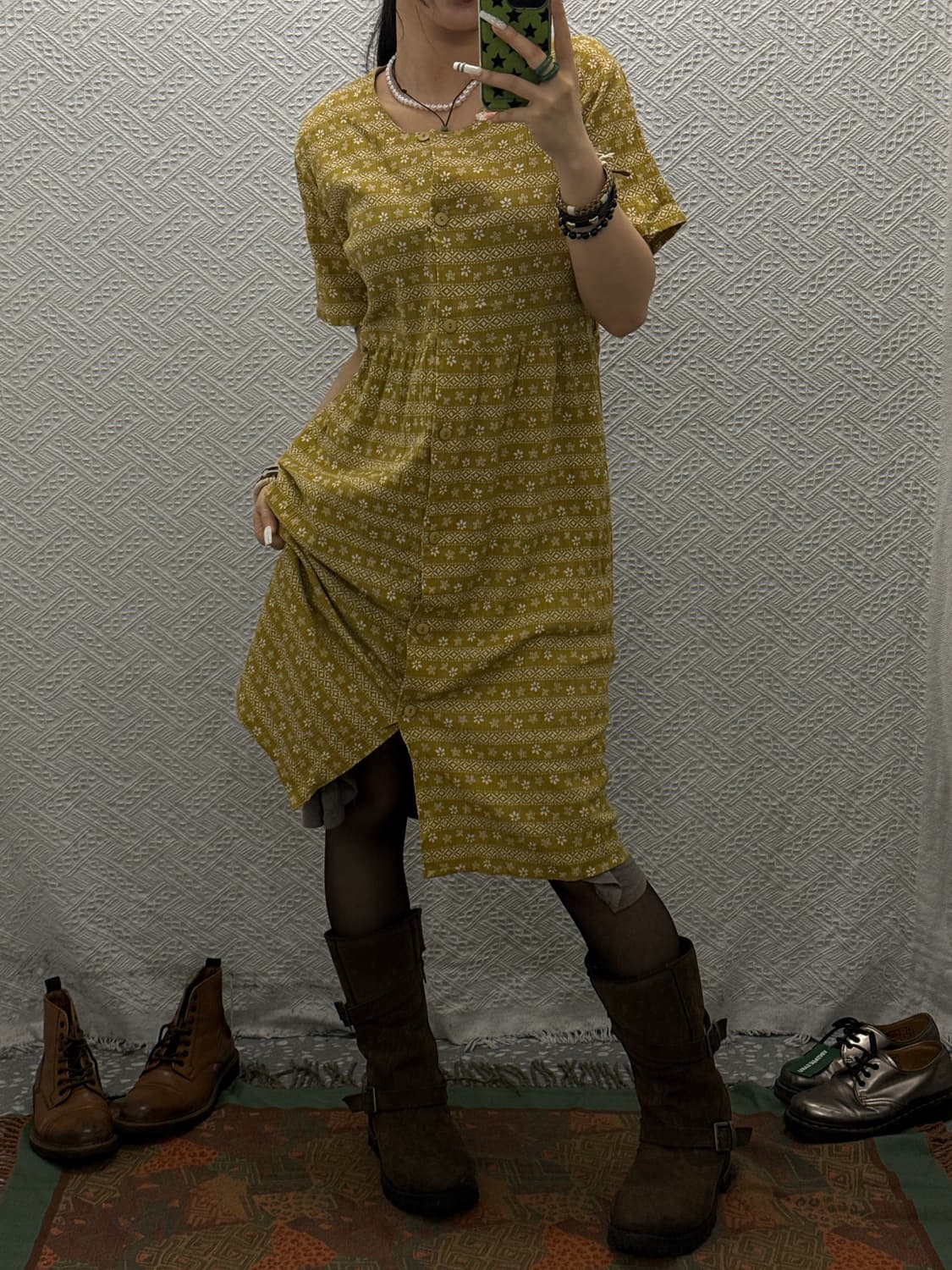 빈티지 오리엔탈 에스닉 스프링 잔꽃 패턴 반팔 롱원피스 K0122 상품이미지1