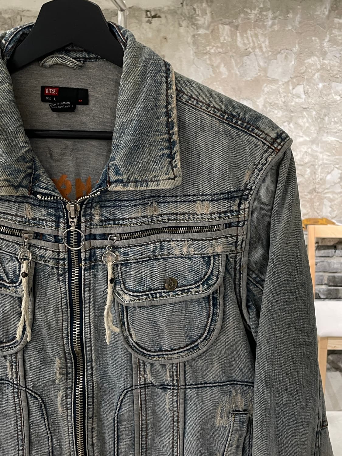 디젤 연청 디스트로이드 워싱 바이커 데님 자켓 상품이미지3