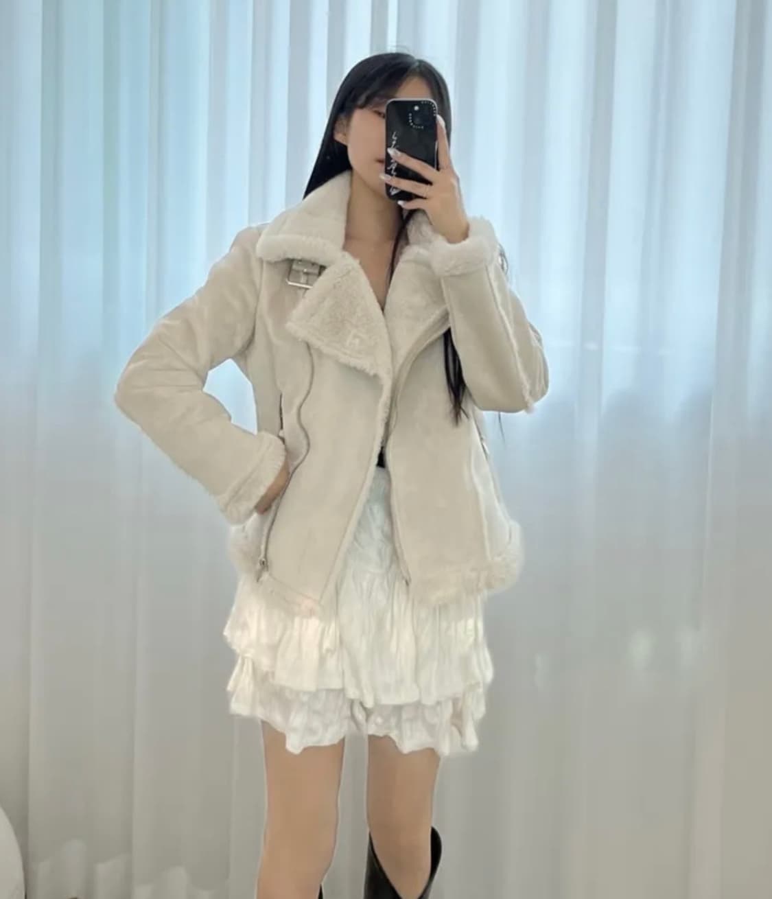 하이넥 밍크퍼 스웨이드 무스탕 연베이지 상품이미지1