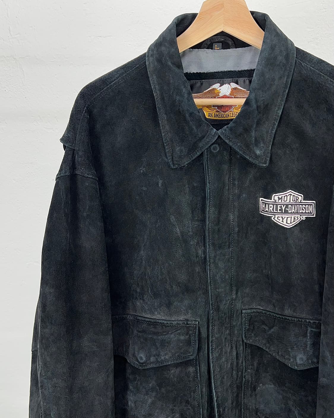 90s 할리데이비슨 블랙 스웨이드 레더 스냅 포켓 라이더 자켓 상품이미지3