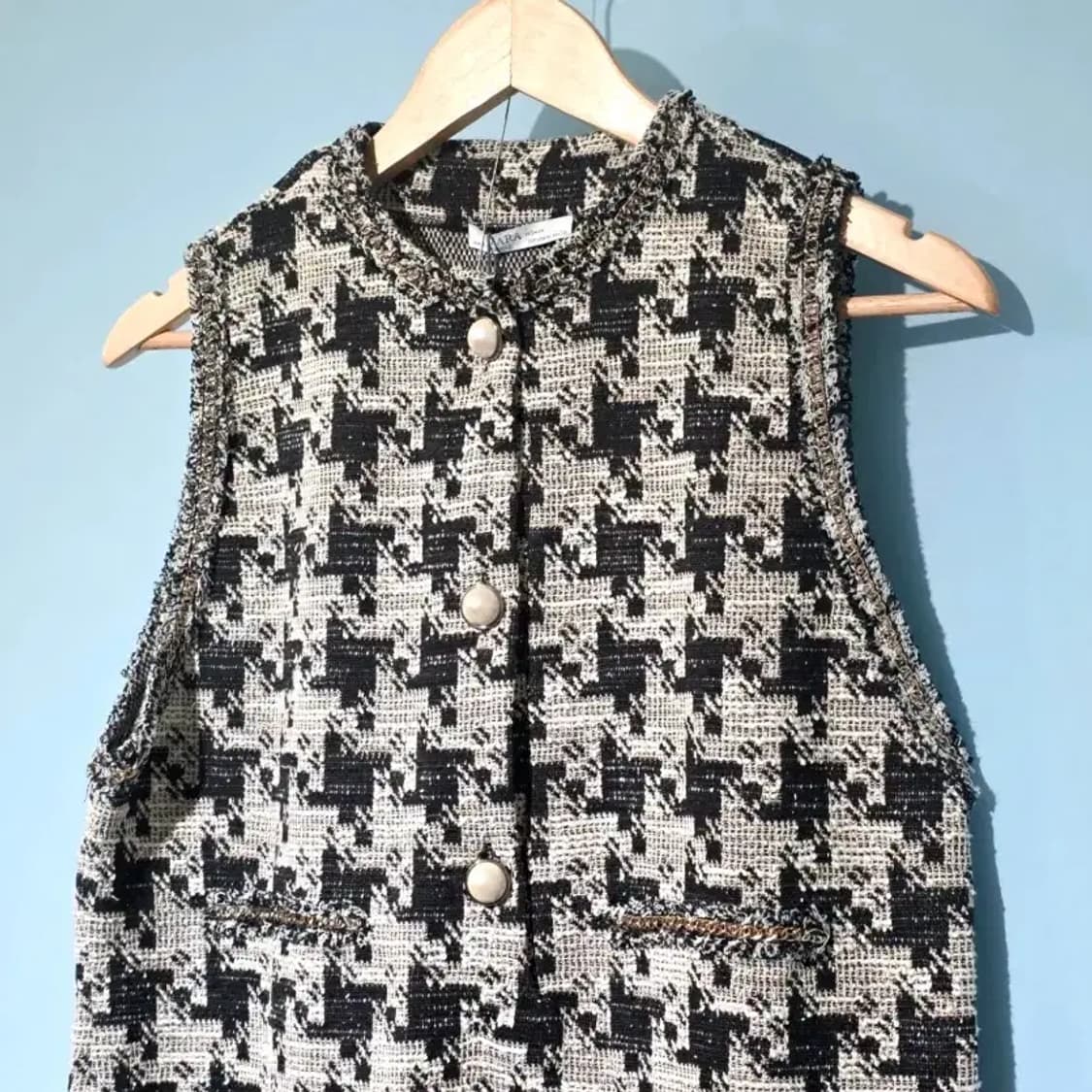 [새상품] ZARA 진주 버튼 하운드투스 체크 트위드 원피스 55 상품이미지3