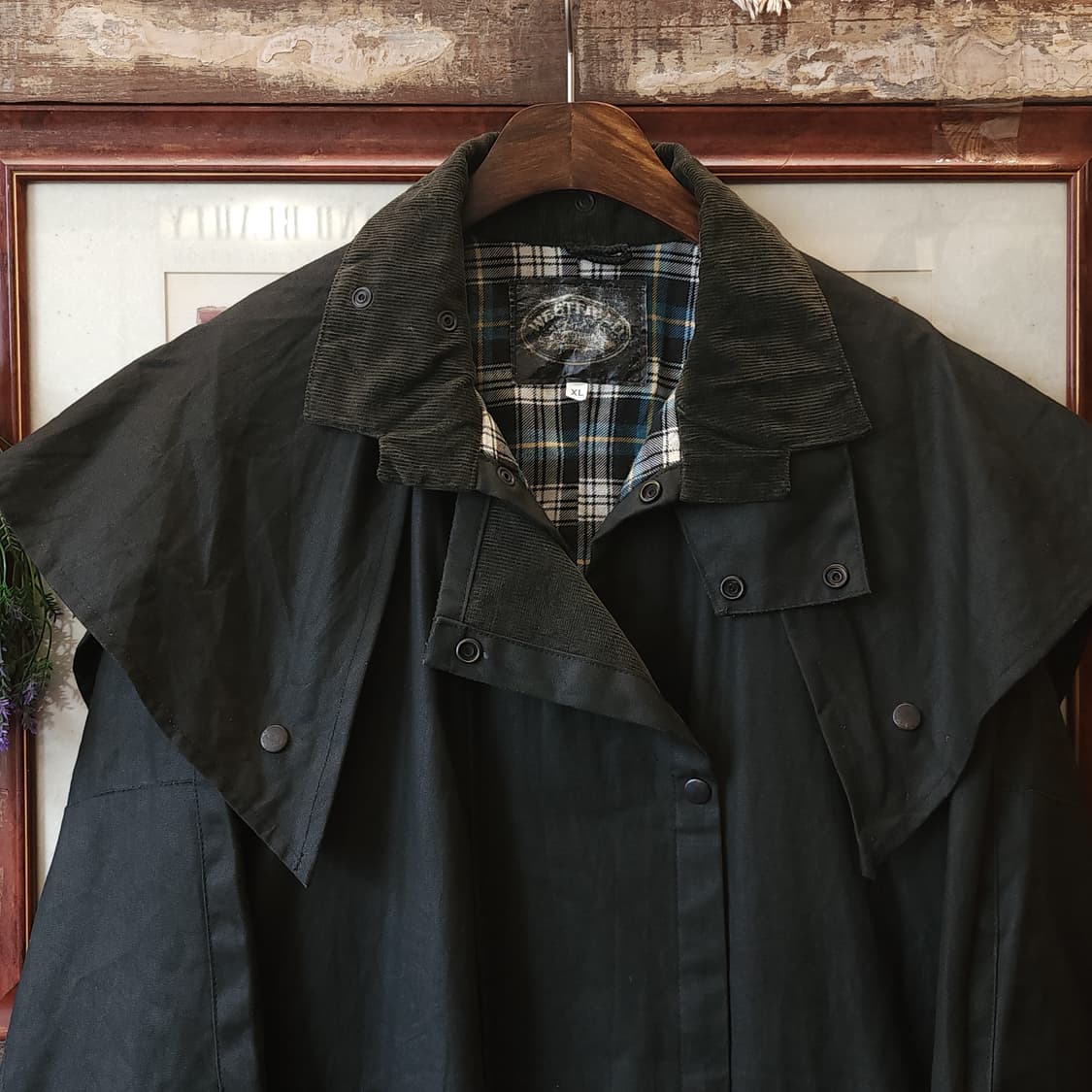 90s 잉글랜드 컨트리 왁스자켓 스톡맨 케이프 왁스코트 레인코트 그린xl 상품이미지4