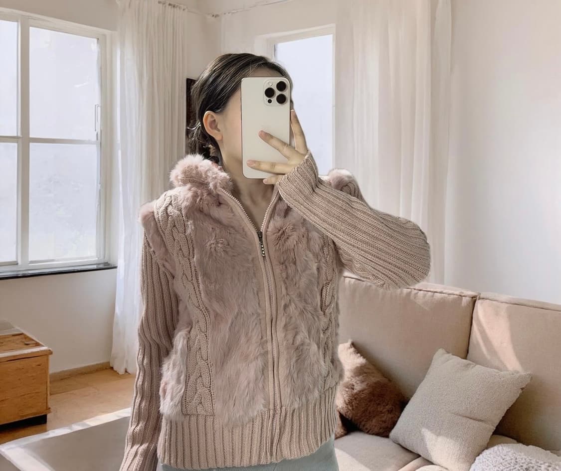 빈티지 로즈핑크 토끼털 꽈배기 니트자켓 후드집업 상품이미지1