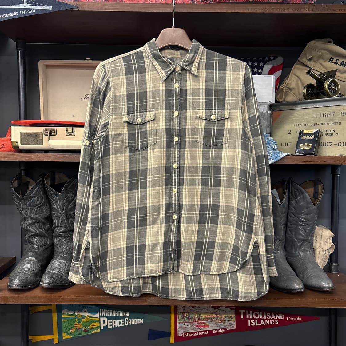 데님 앤 서플라이 올리브 타탄체크 코튼 워크셔츠 백플리츠 N1077 상품이미지1