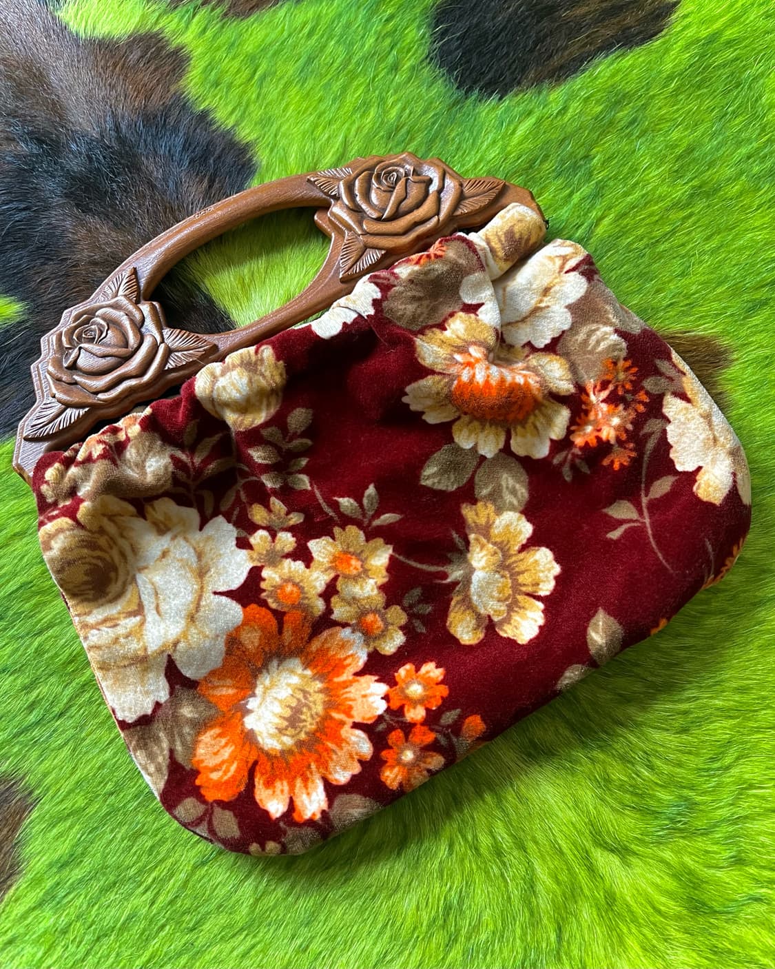 -1990s JPN Antic Wood Handle Velour Bag 상품이미지4