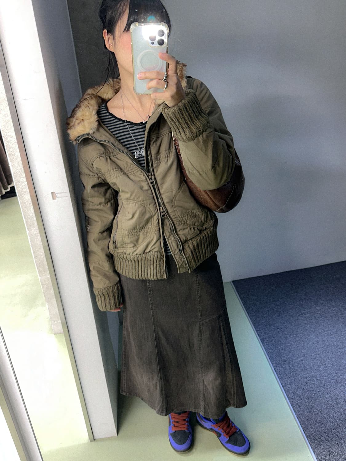 brown unblanced detail denim skirt 상품이미지5