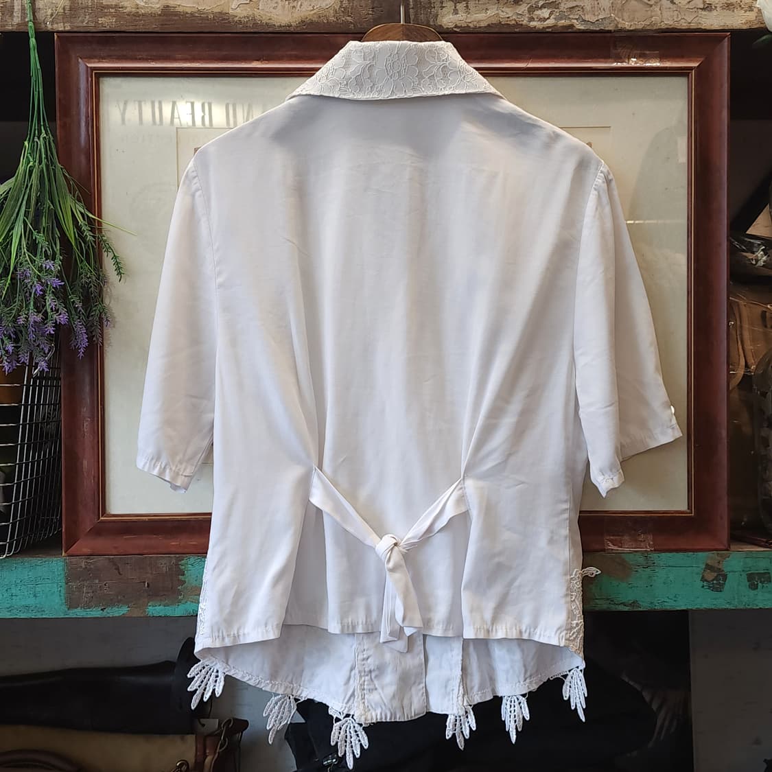 90s 유럽 빈티지 로맨틱 화이트 플라워 자수 반팔 셔츠 프렌치 블라우스 상품이미지3
