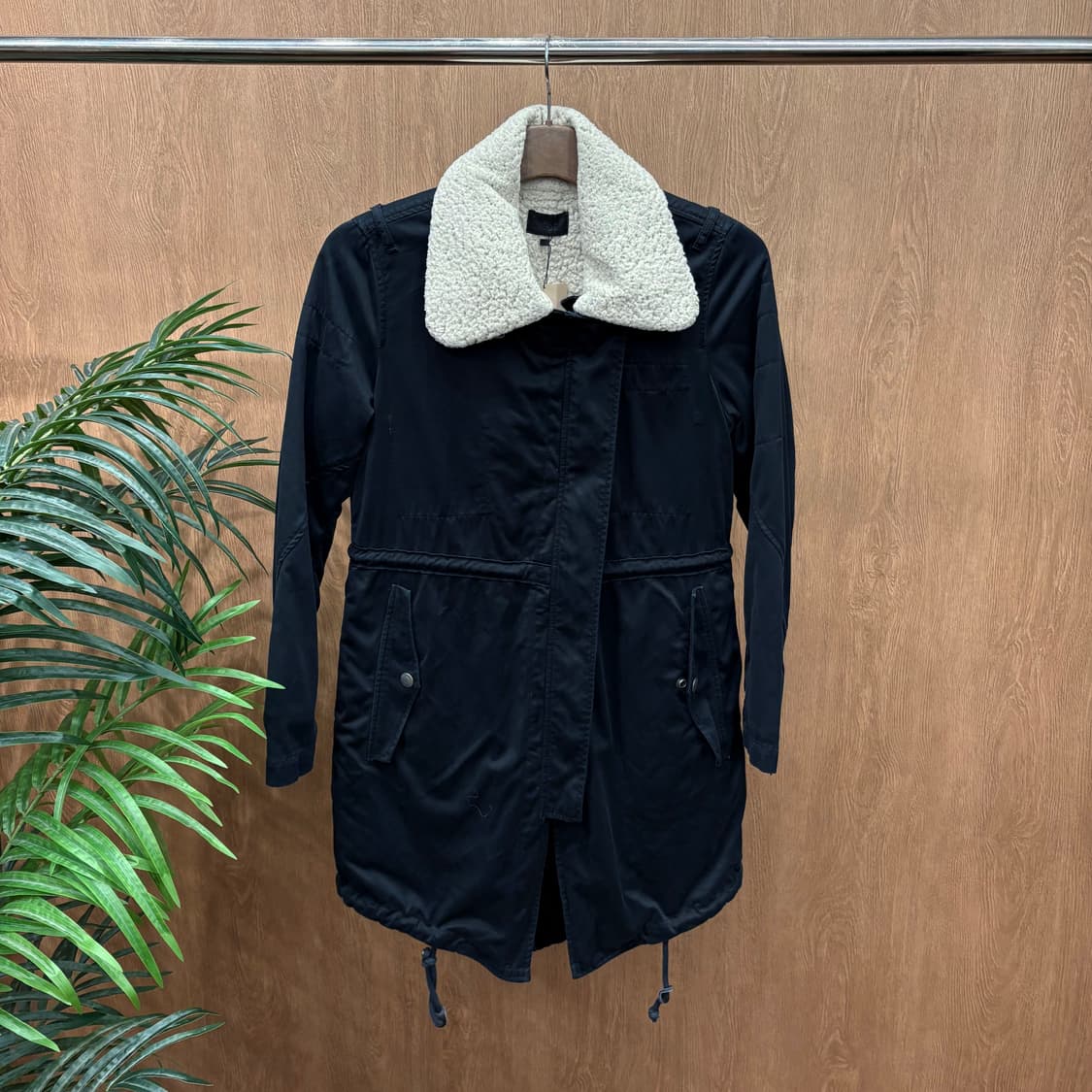 디젤 야상 롱 코트 플리스 배색 드로우 스트링 소매 지퍼 디테일 블랙 상품이미지1