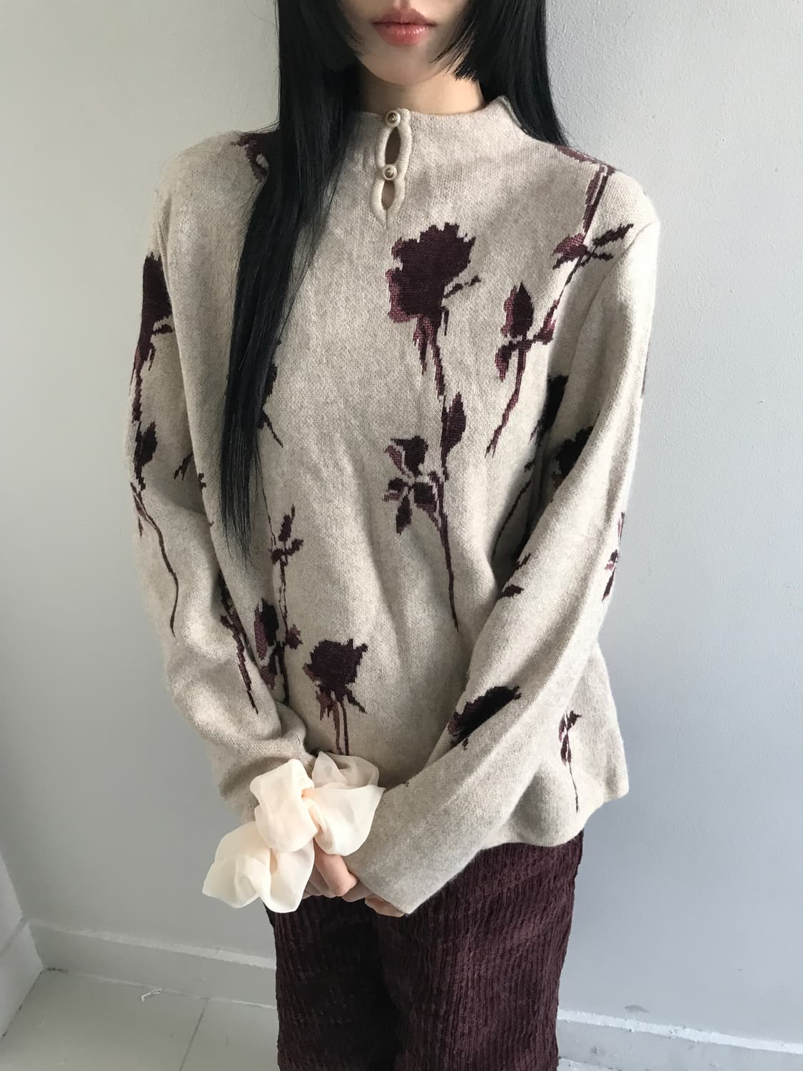 (Vintage)Half neck button rose knit 상품이미지3