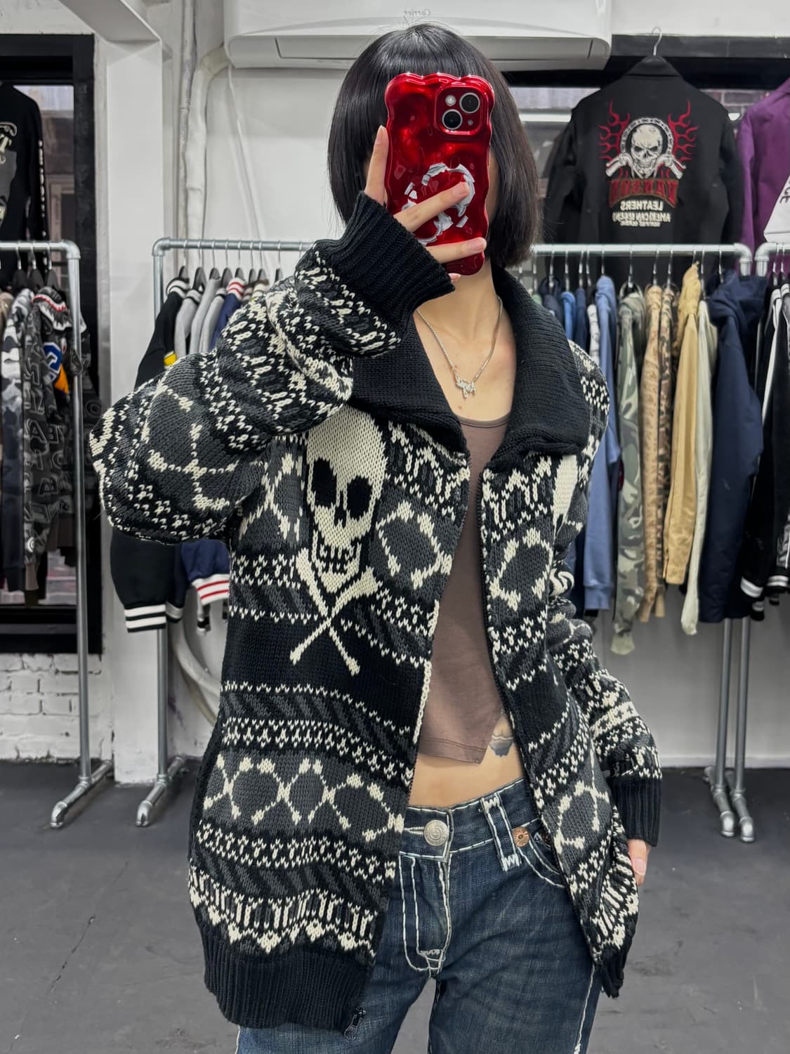 밴슨 레더 스컬 니트 집업 상품이미지1