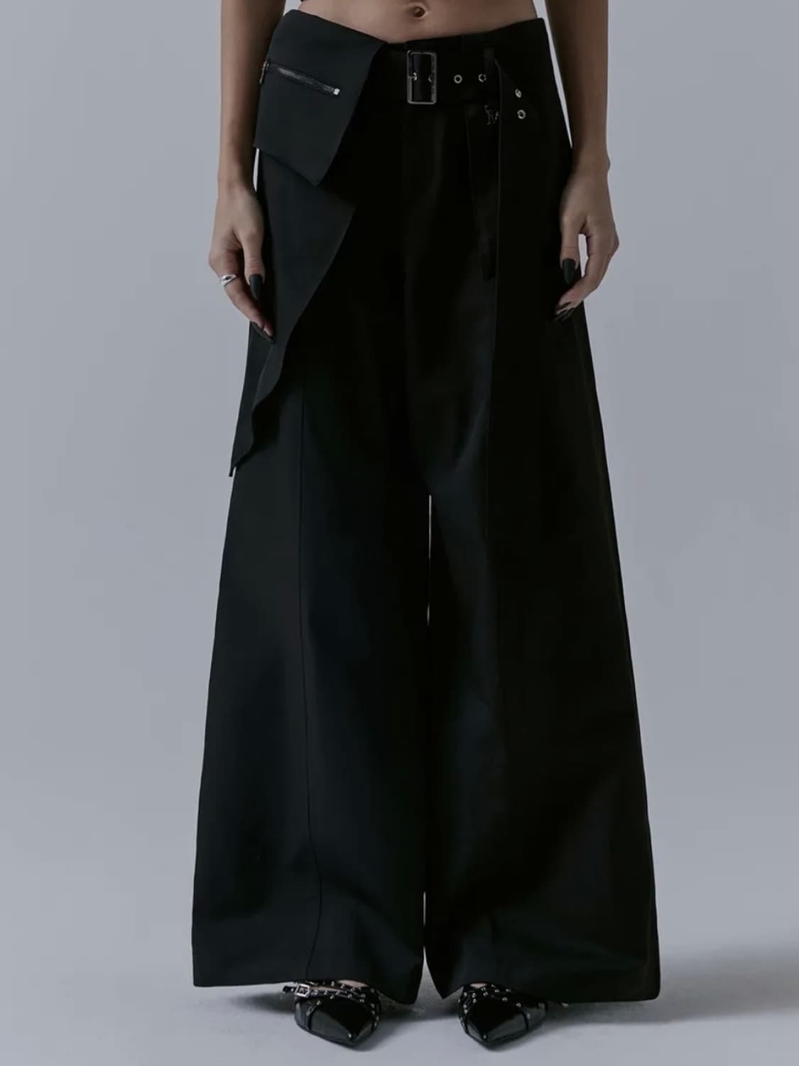 트리밍버드 벨티드 레이어드 랩 팬츠 블랙 새상품 상품이미지1