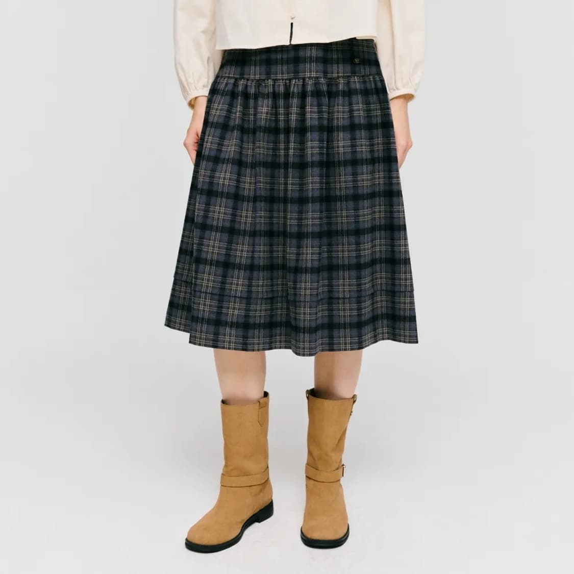 드파운드 체크 셔링 미디 스커트 그레이 상품이미지1