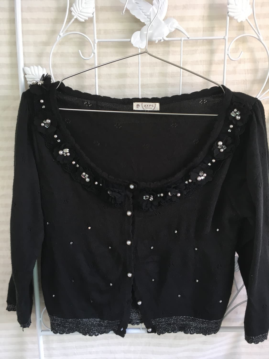 jpn vintage 액시즈팜 블랙 꽃 비즈 펄 레이어드 가디건 상품이미지2