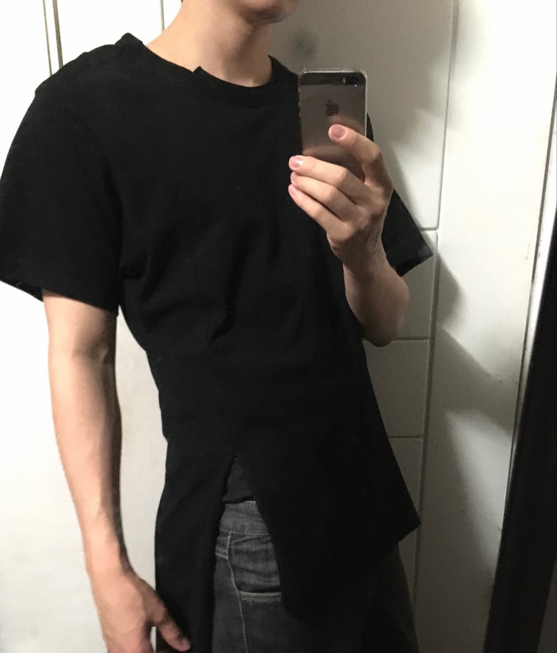 요지 야마모토 비대칭 사선 슬릿 반팔 티셔츠 상품이미지1