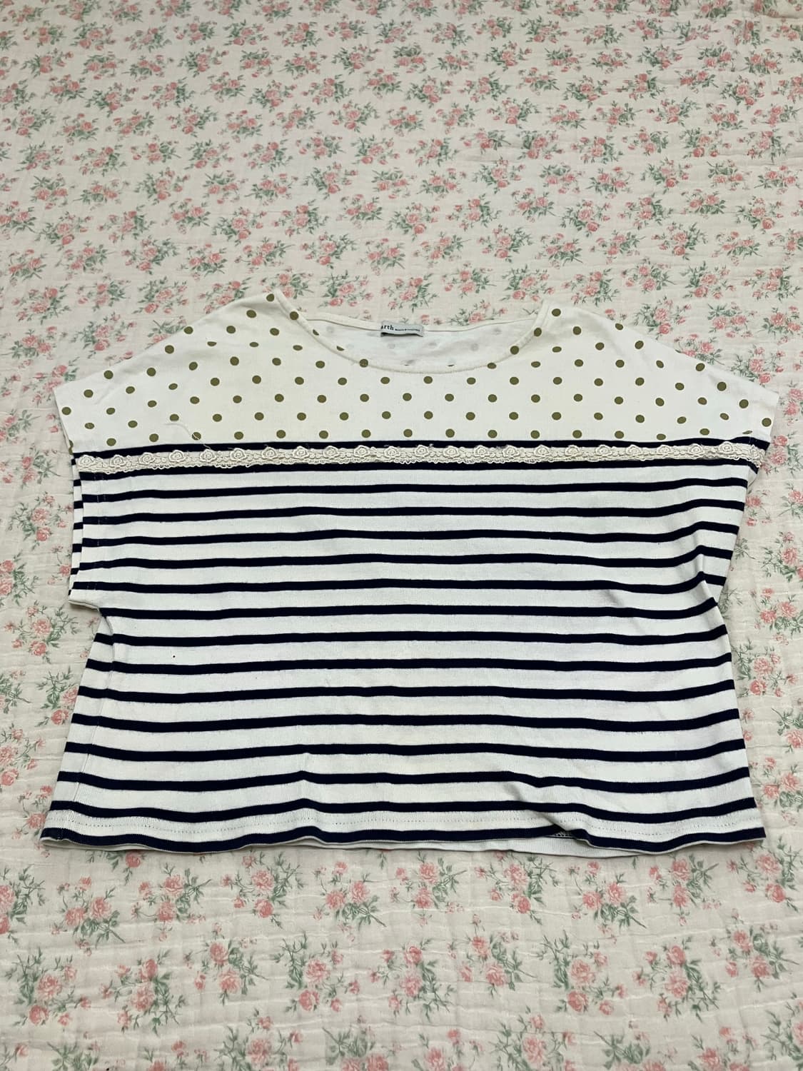 빈티지 어스 뮤직 레이스 도트 스트라이프 반팔 1110 모리걸 y2k 스 상품이미지4