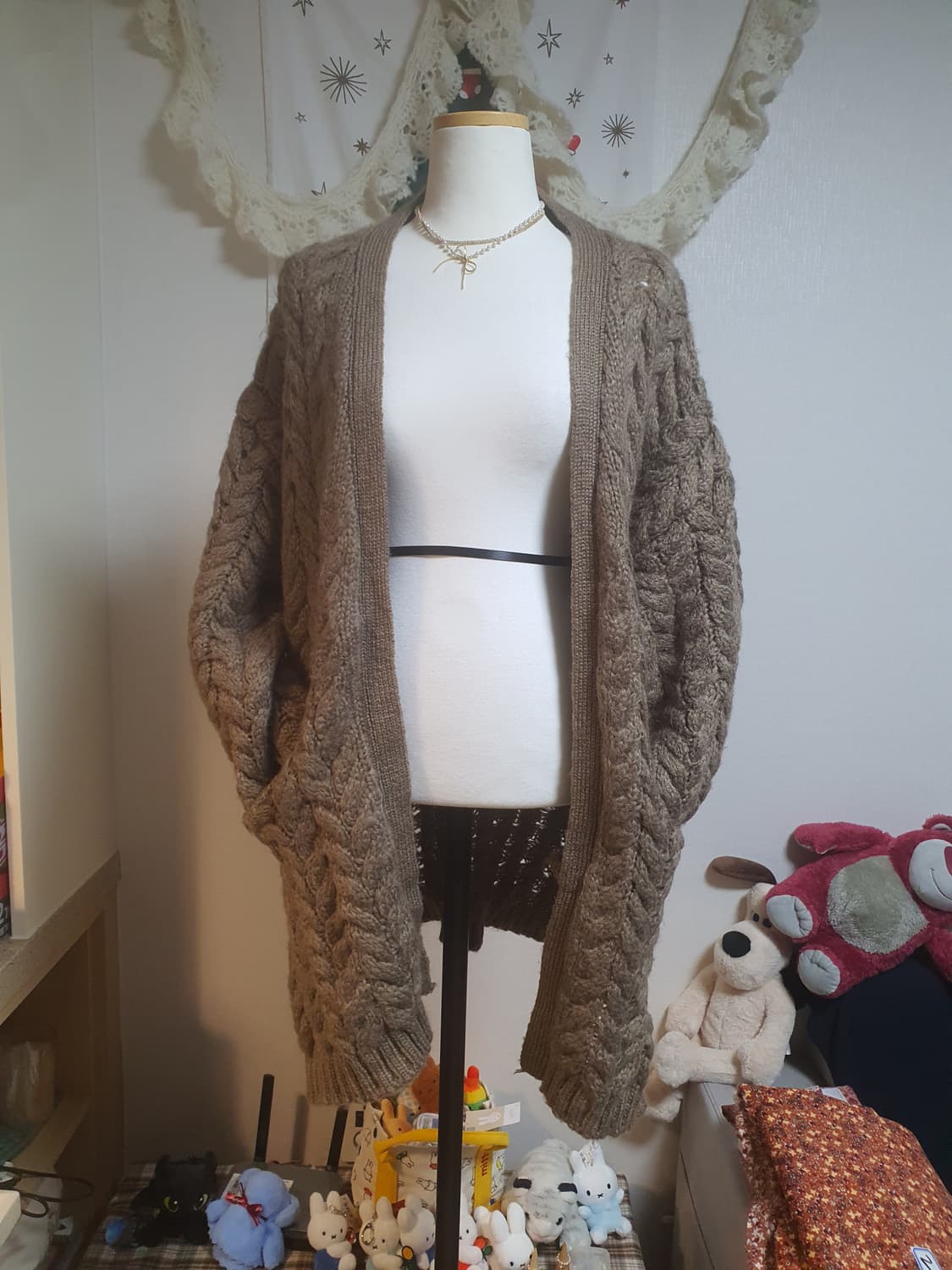 [모리걸] 꽈배기 니트 롱 가디건 브라운 와구리 상품이미지1