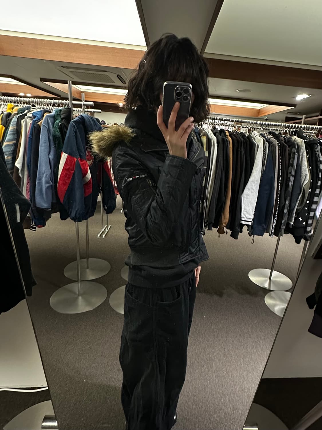 M)Tommy Girl 빈티지 블랙 퍼 후드 패딩 자켓 상품이미지1