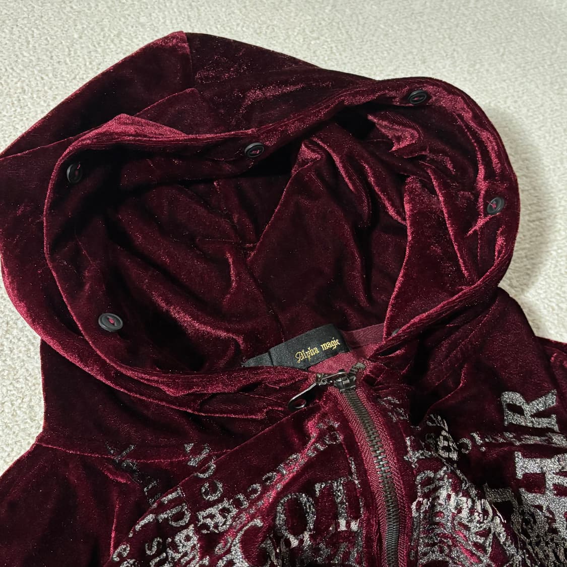 일본빈티지 y2k 다크레드 버건디 레터링 벨벳 후드집업 상품이미지5