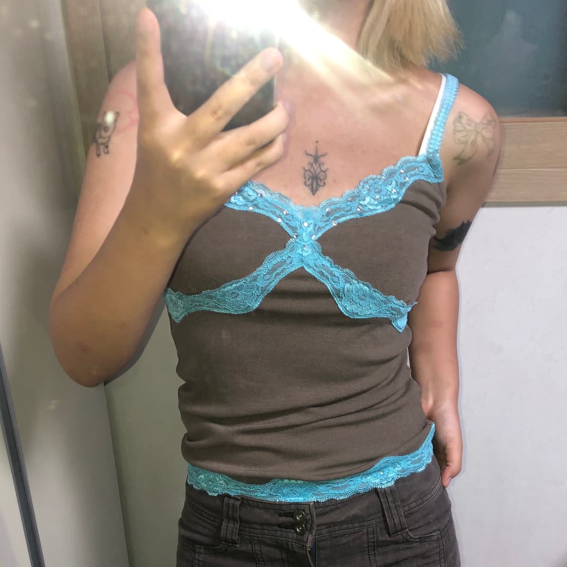 빈티지 구제 y2k 키치 레이스 큐빅 슬리브리스 나시 상품이미지4