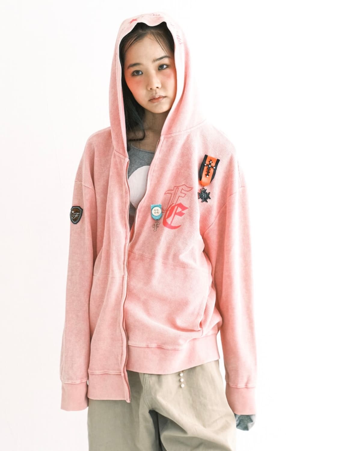 샵페어리 컬러 워싱 와플 집업 (네온핑크) 상품이미지1