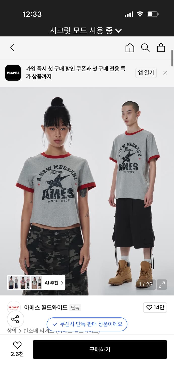 아메스 월드와이드 빈티지 스타 티 그레이 상품이미지1