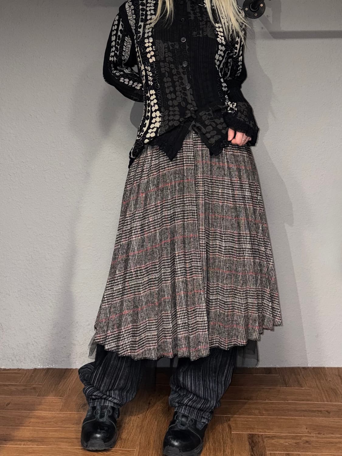 빈티지 샤 체크 플리츠 롱스커트 상품이미지1