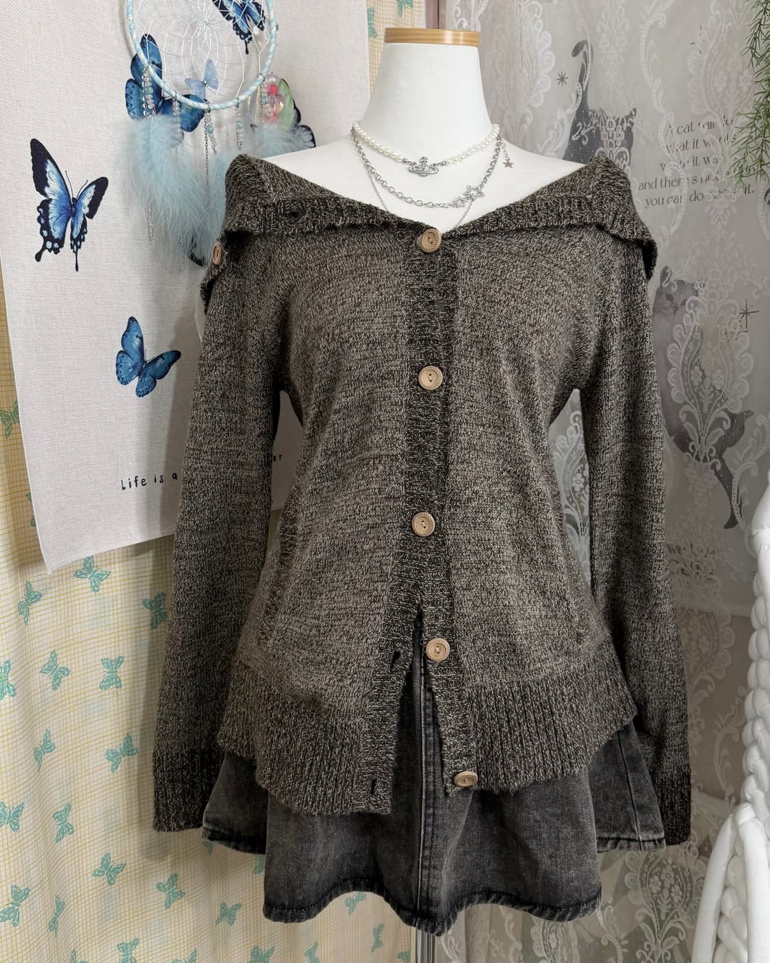 브라운 우드 버튼 빅 카라 가디건 상품이미지7