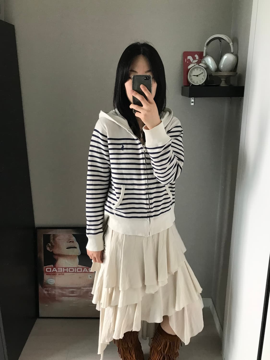 폴로 랄프로렌 QR코드택 포니로고 스트라이프 아이보리 후드집업 상품이미지3