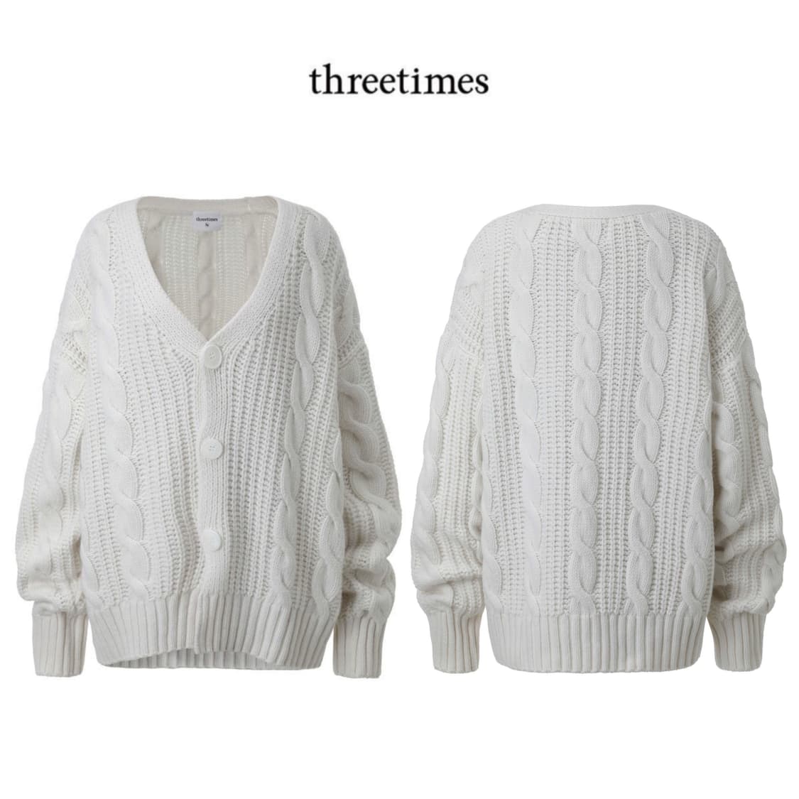 쓰리타임즈 케이블 버튼 울 니트 꽈배기 롱가디건 화이트아이보리 상품이미지1