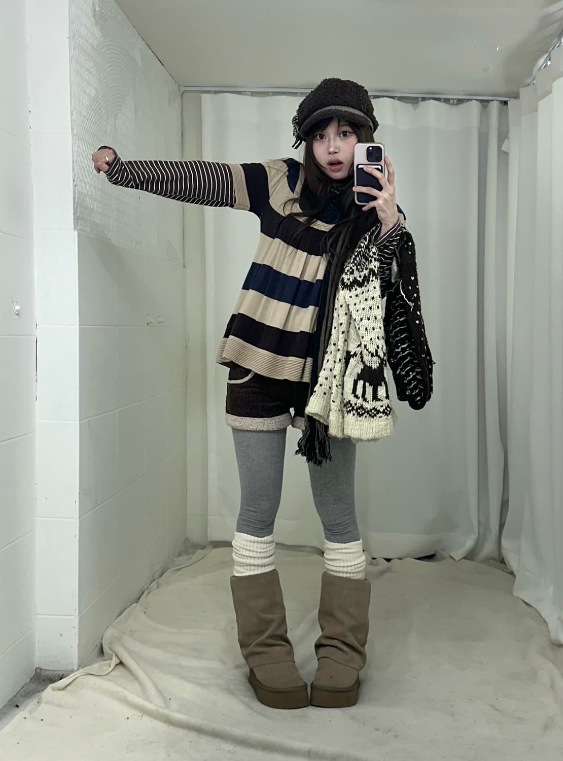 브라운 모카무스 노르딕 모리걸 뽀글이 반바지 코디세트 상품이미지3