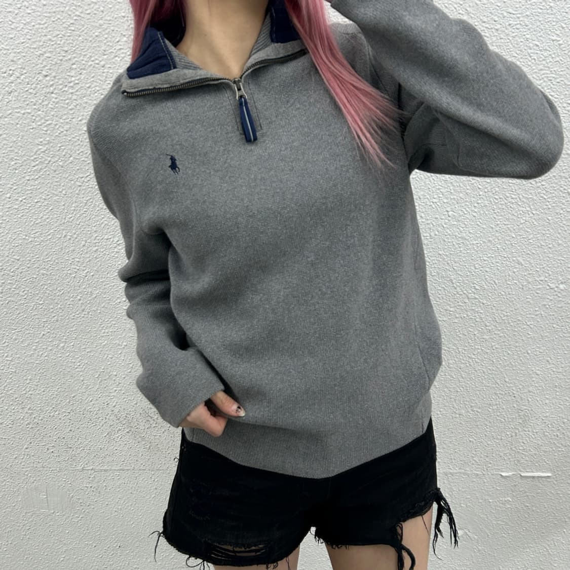 폴로 랄프로렌 네이비포니 그레이 니트 반집업 M 상품이미지1