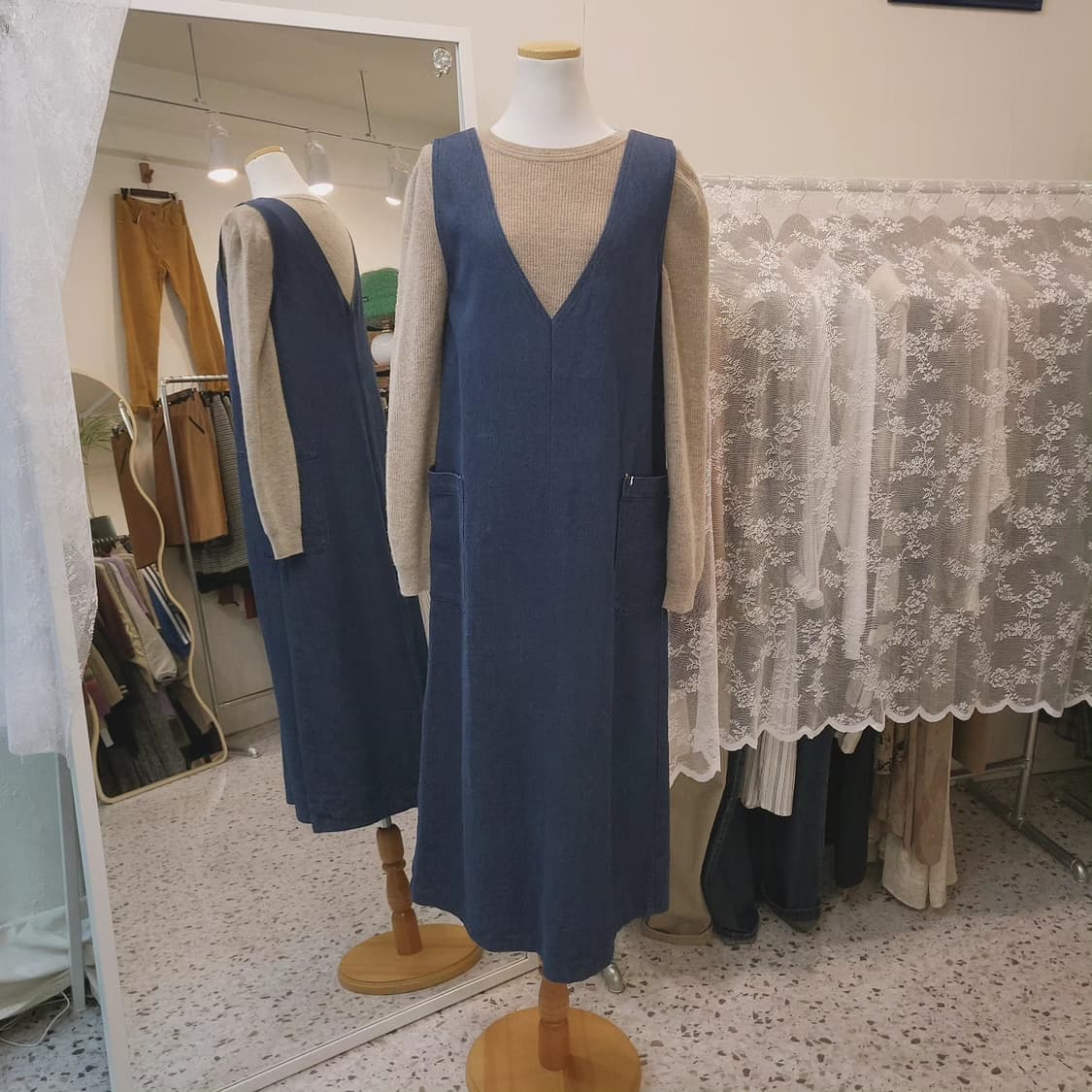 브이넥 진청 데님원피스 상품이미지2