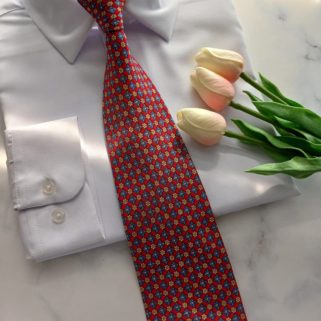 란셀 실크 레드 플라워 기하 패턴 넥타이 9.5cm A+등급 A18741 상품이미지5