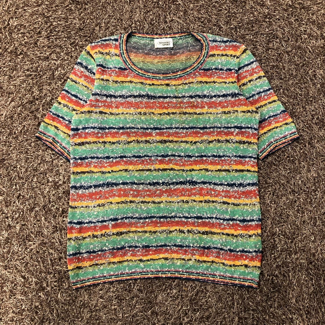 100 미쏘니 멀티컬러 스트라이프 패턴 니트 반팔 티셔츠 상품이미지1