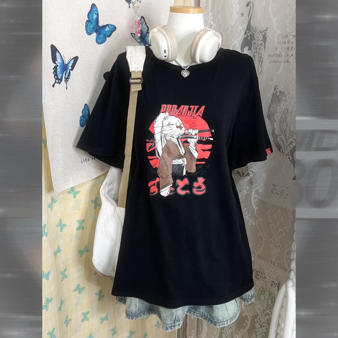 블랙 사무라이 토끼 일본 빈티지 반팔 티셔츠 상품이미지2