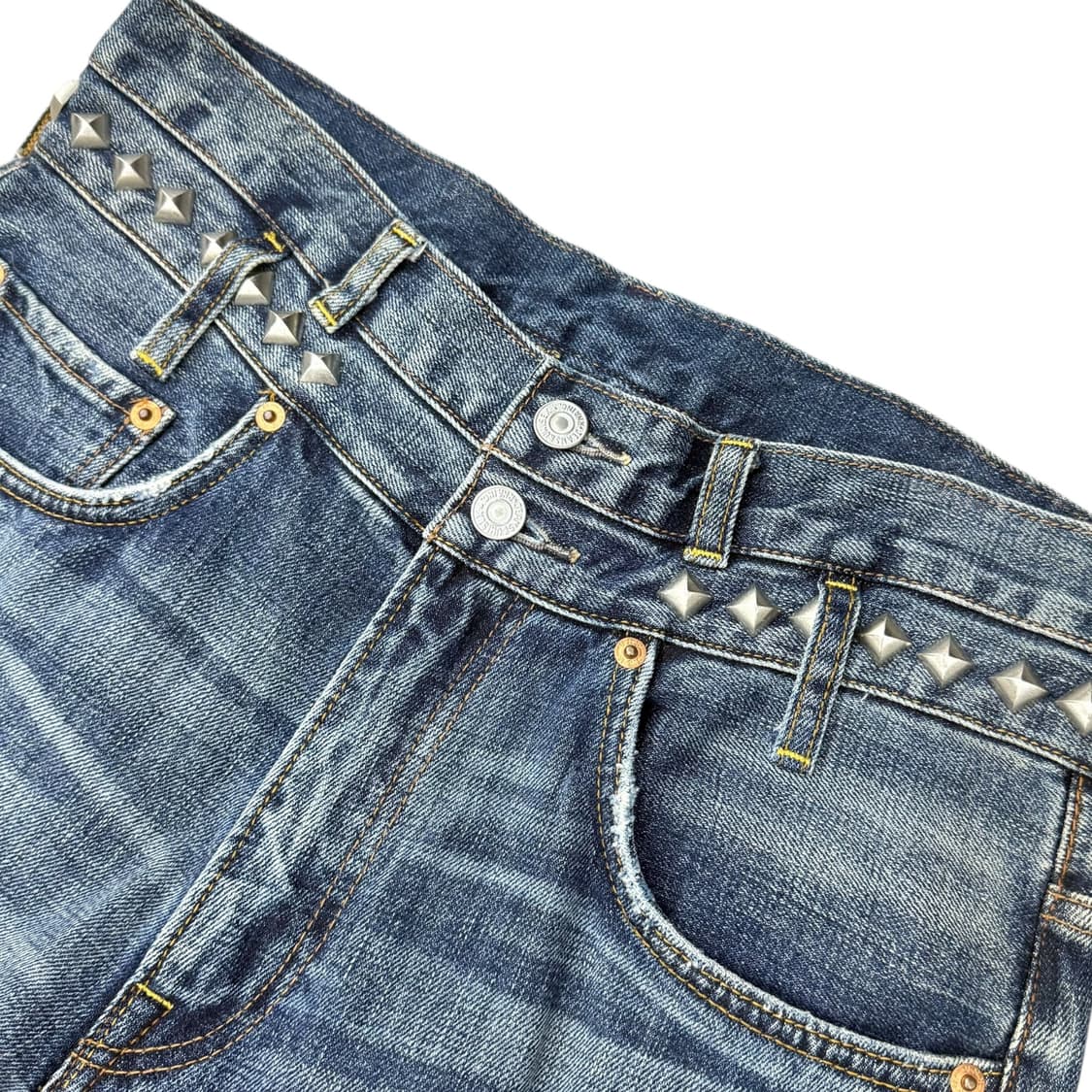 JPN 더블 웨이스트 스터드 테이퍼드핏 데님 롱팬츠 상품이미지5