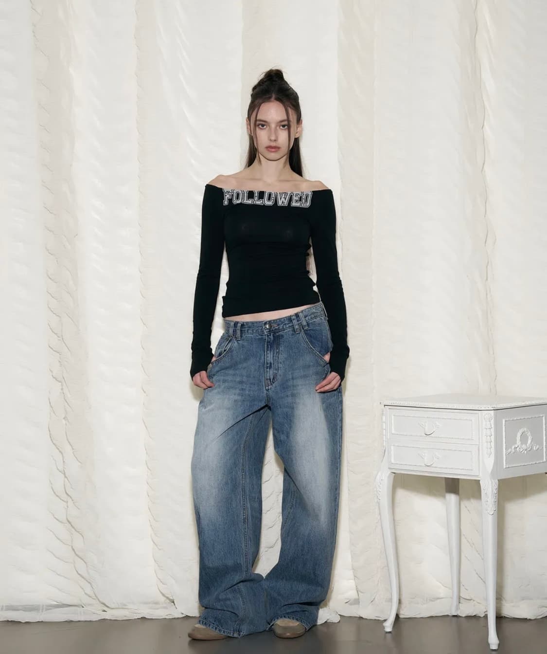 플리즈노팔로우 25Damaged Washing Wide Denim 상품이미지1