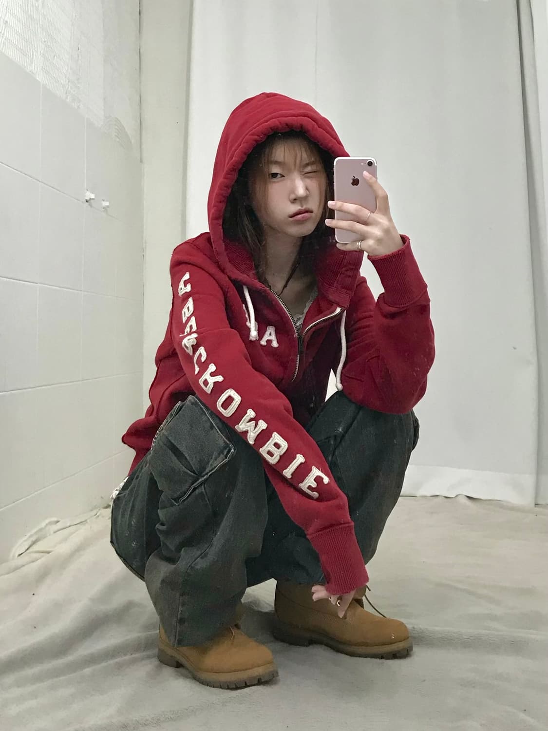 아베크롬비 딥 레드 레터링 아방핏 후드집업 상품이미지1