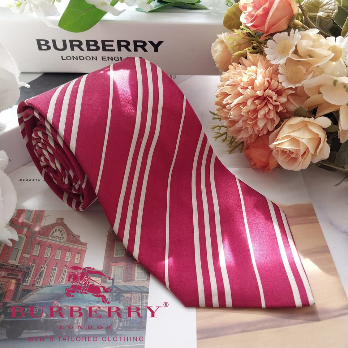 버버리 면·실크 레드 스트라이프 넥타이 9.1cm A~B등급 K2131 상품이미지1