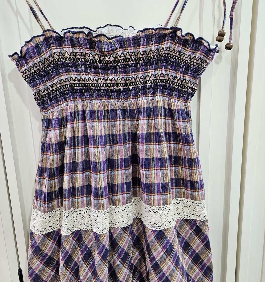 체크 끈 롱 원피스 레이스 장식 상품이미지2