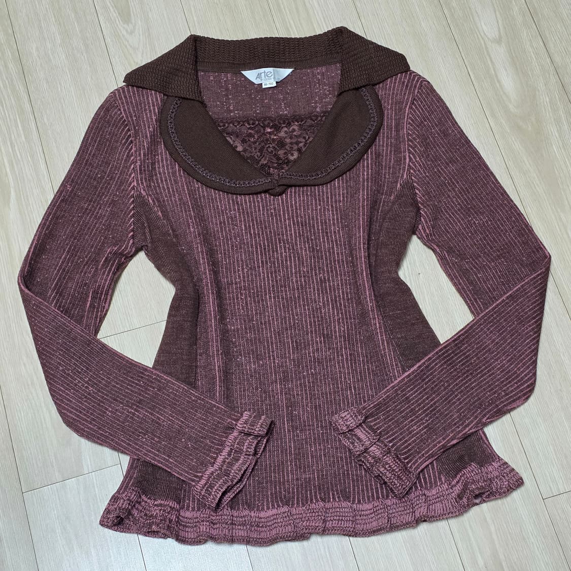 arte)빈티지 고딕 프릴 버건디 레이스 로맨틱레이어드울니트 골지블라우스 상품이미지1