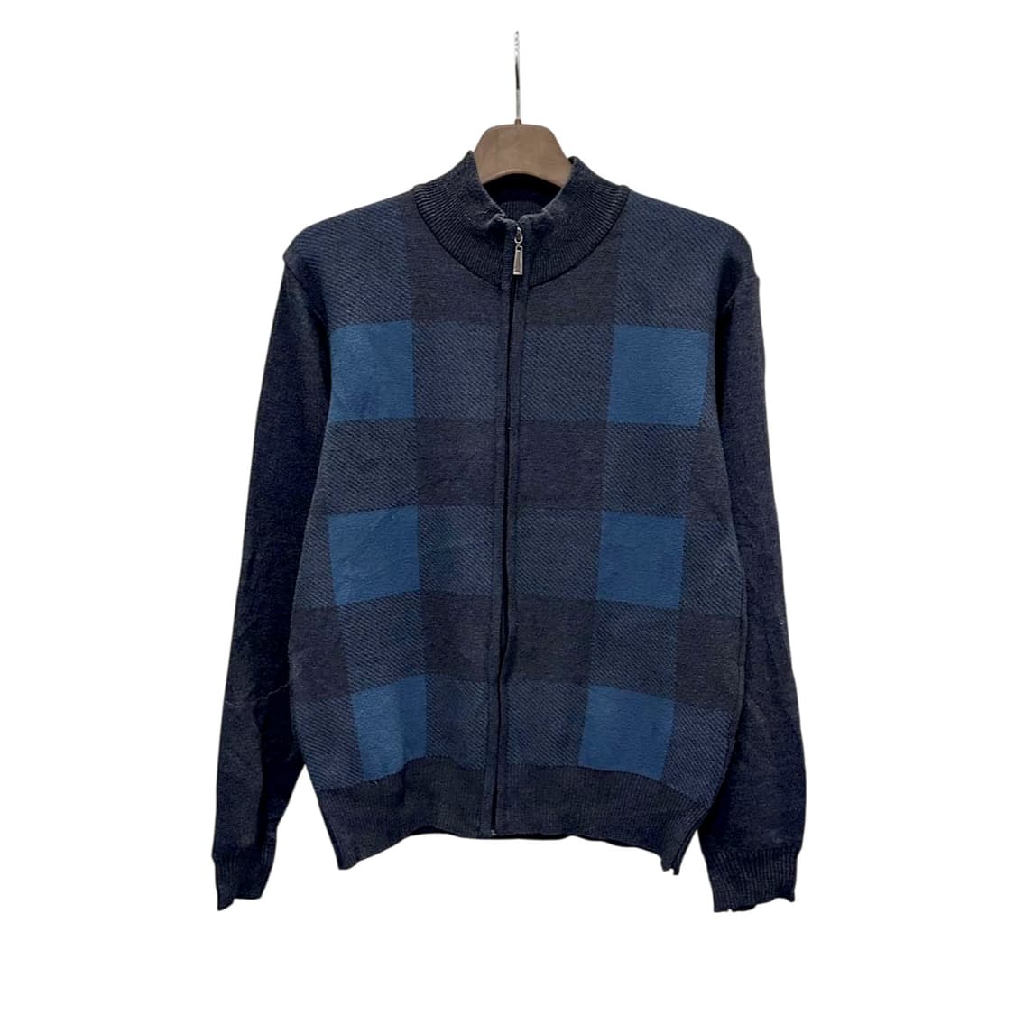 KR VINTAGE 니트 집업 가디건 하이넥 체크 패턴 디테일 네이비 상품이미지1