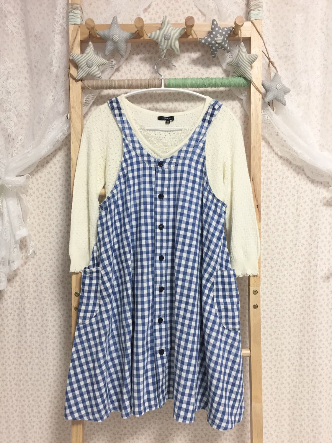 빈티지 모리걸 블루 체크 멜빵원피스  상품이미지2