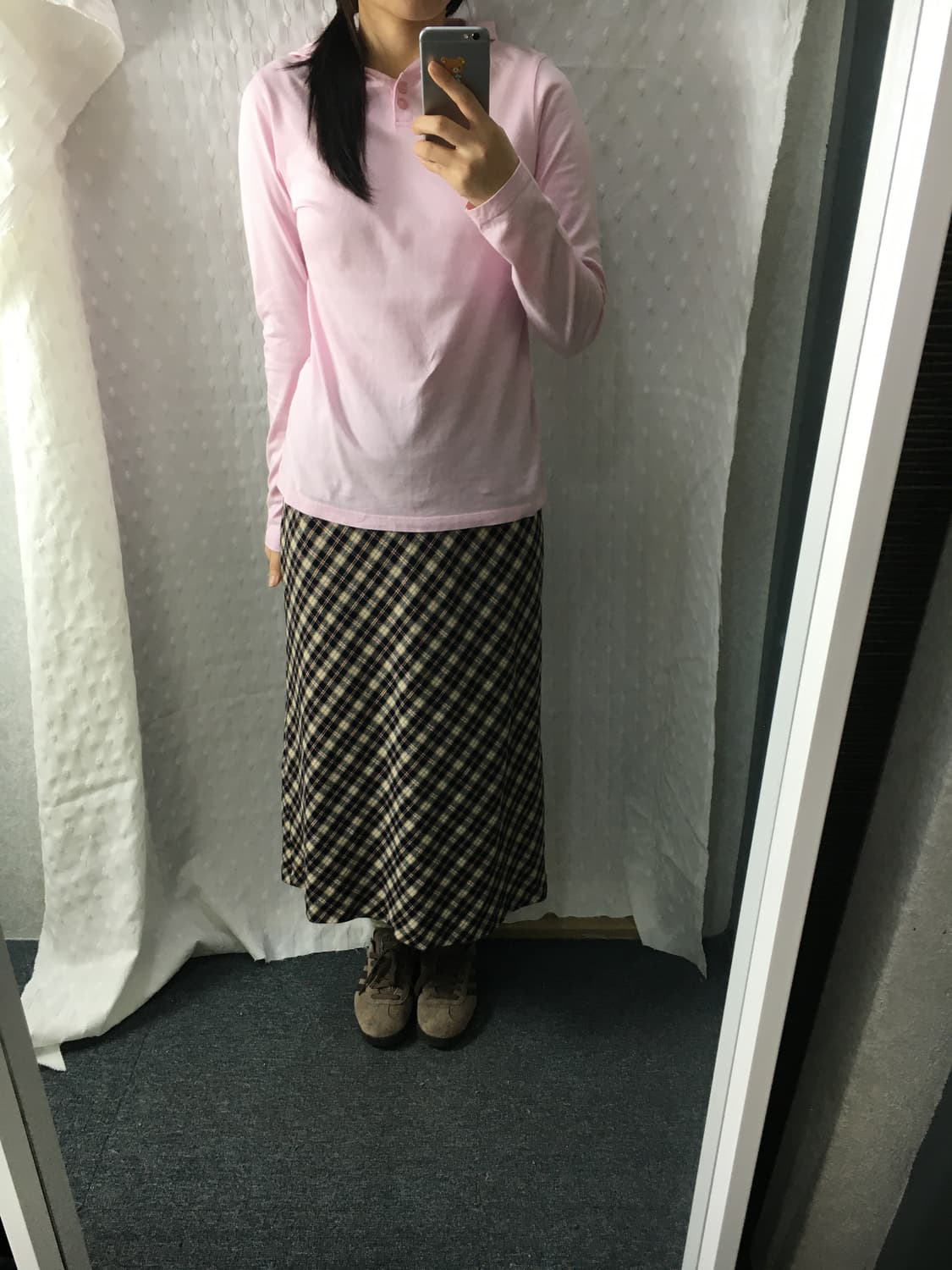 네이비 베이지 체크 롱 스커트 상품이미지2