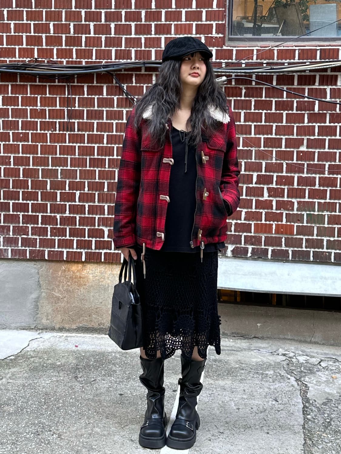 체크 떡뽁이 코트 오존 커뮤니티 롱슬리브 뜨개 미디 스커트 코디세트 상품이미지1